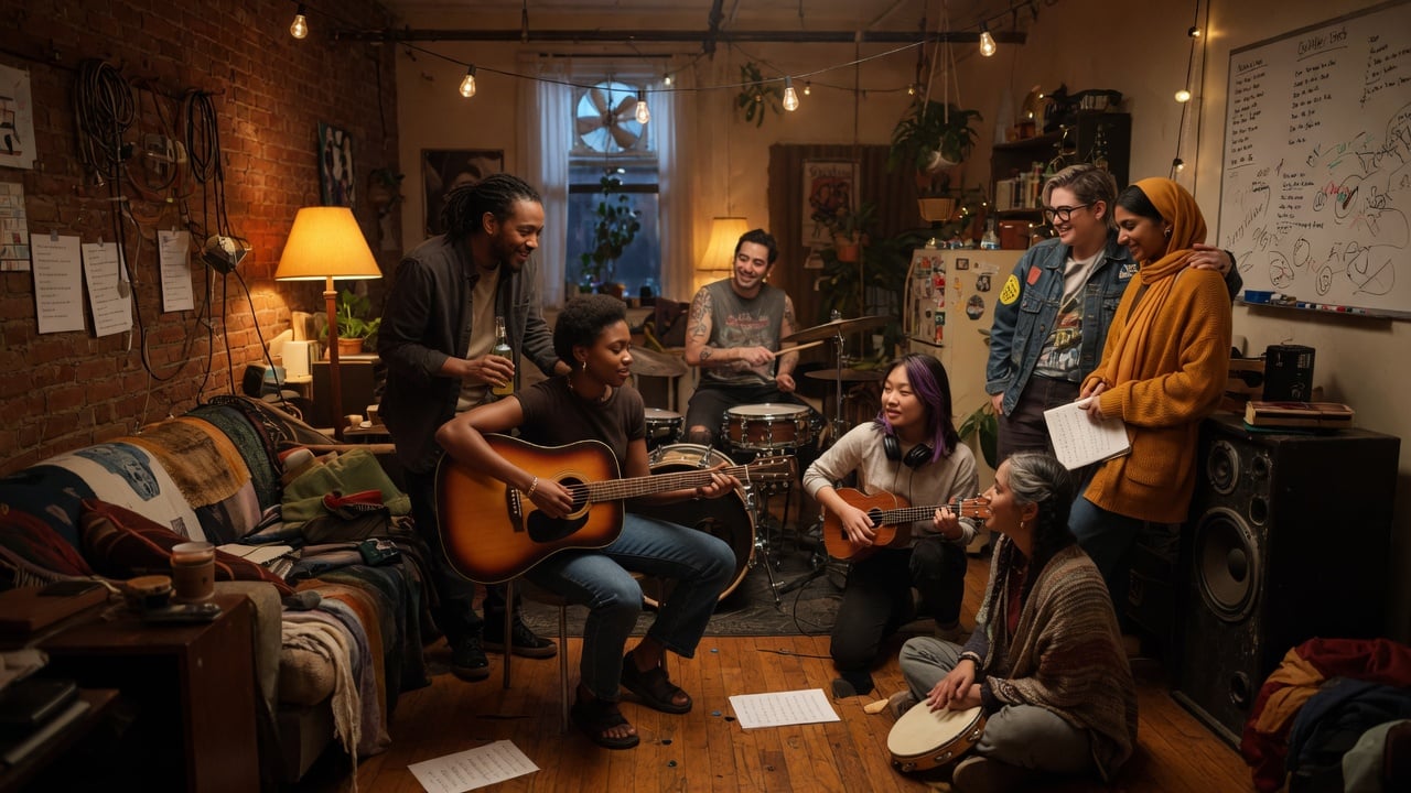 Musicians and fans gathered in a warmly lit creative space