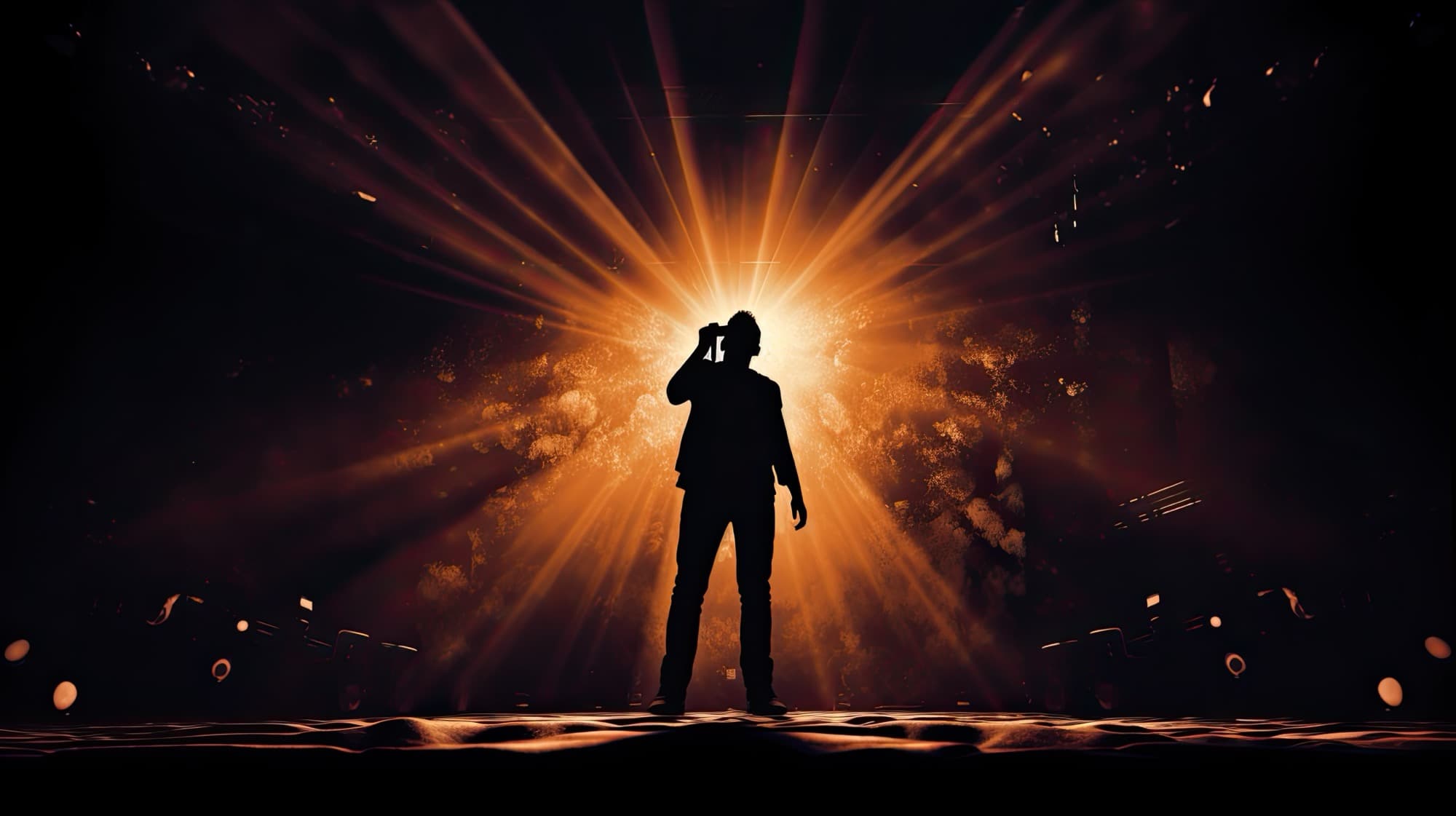 Silhouetted performer with golden rays on stage