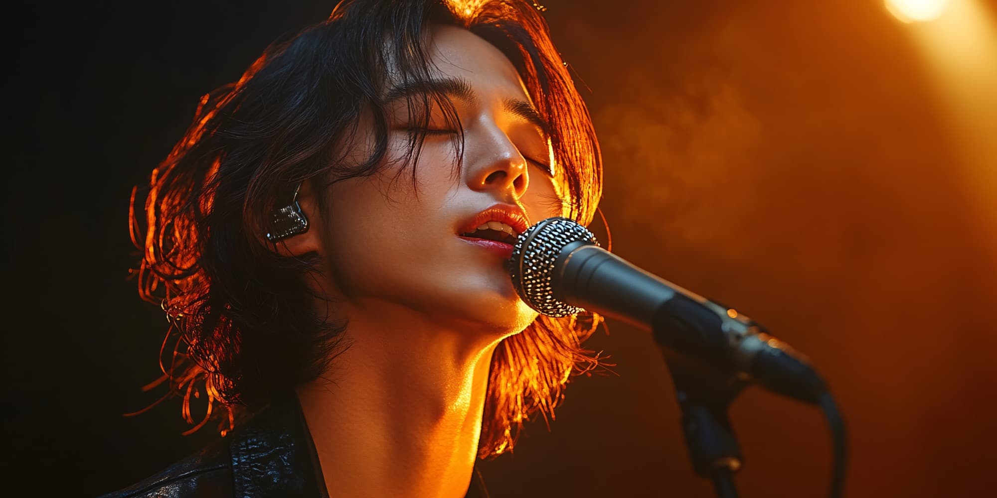 Singer performing with warm amber lighting