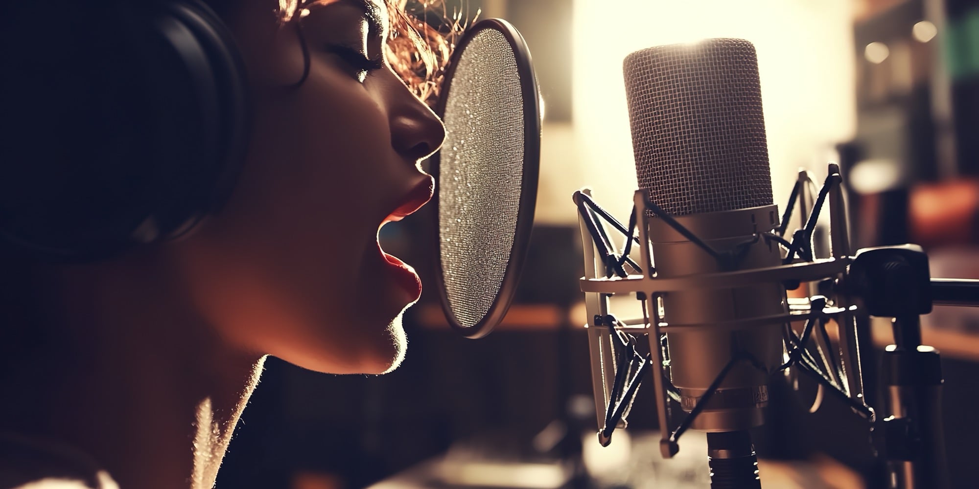 Artist in warm-lit recording studio