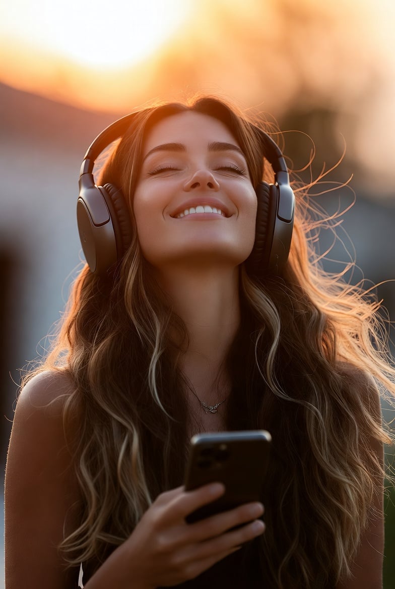Listener with headphones at golden hour