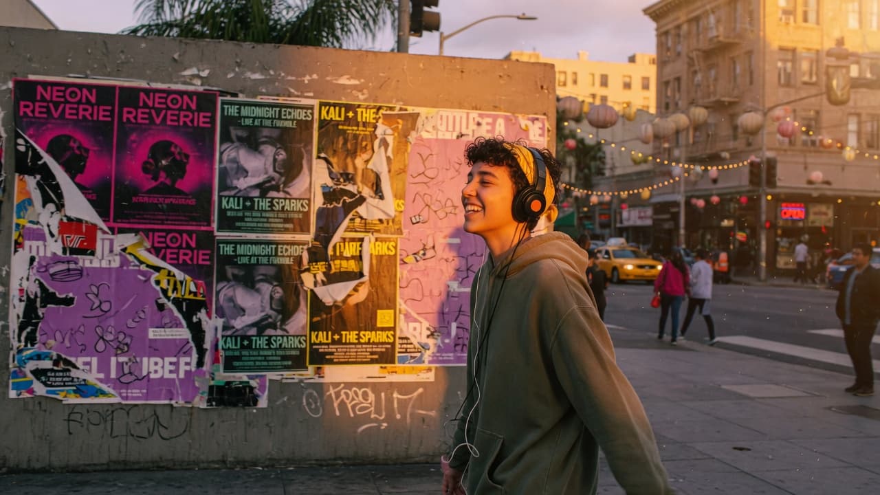 Young person with headphones walking through city at golden hour