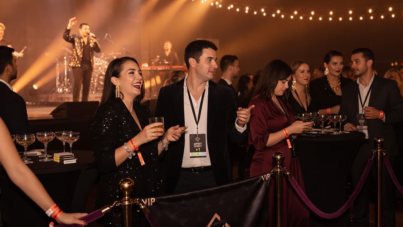 VIP networking area at a premium music event with warm amber lighting