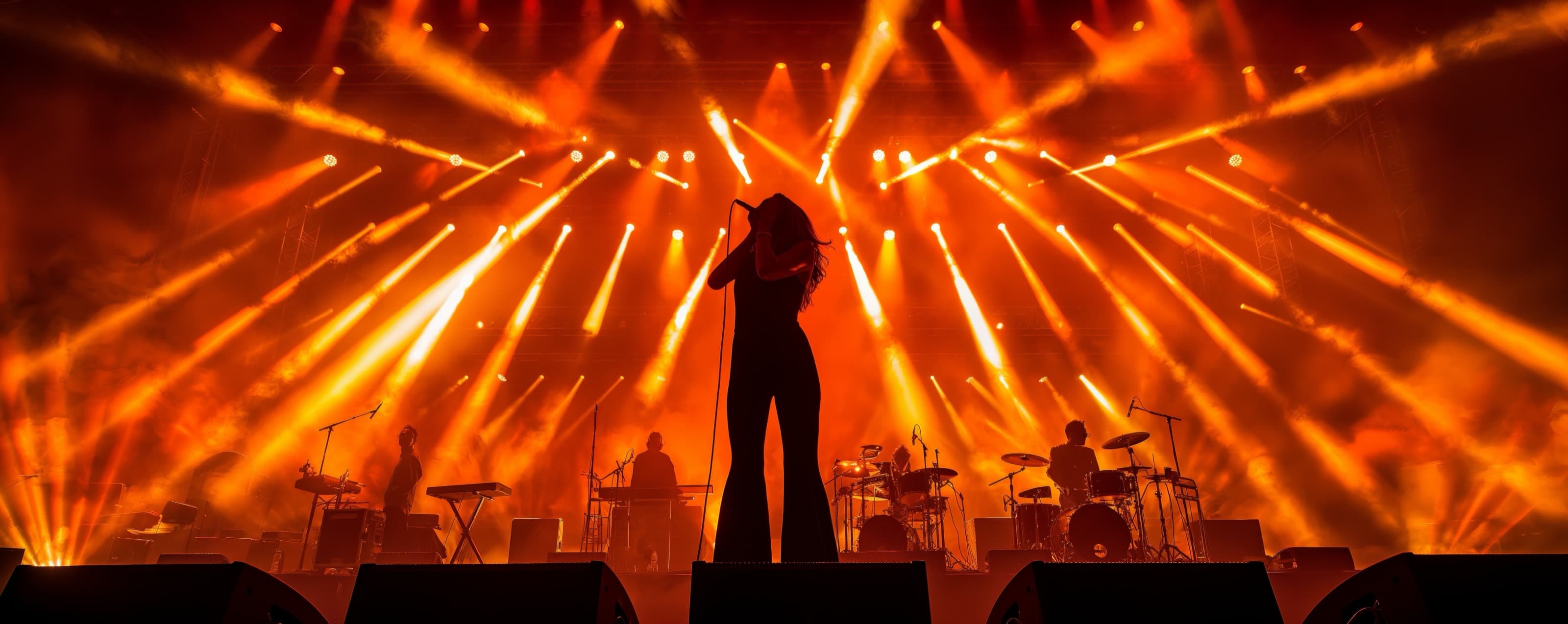 Artist performing on stage with golden lights
